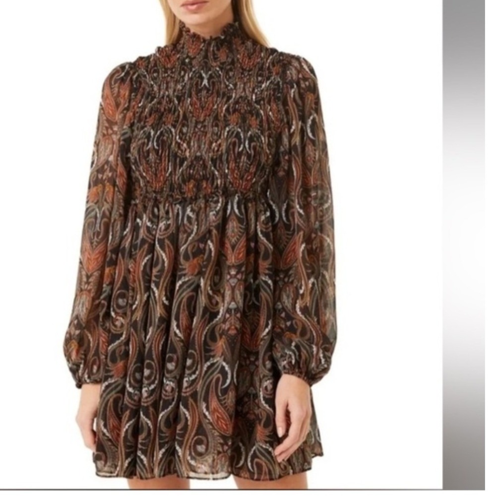 MISA Los Angeles Jessa Mini Dress Brown Paisley Metallicβ Smocked XS NWT